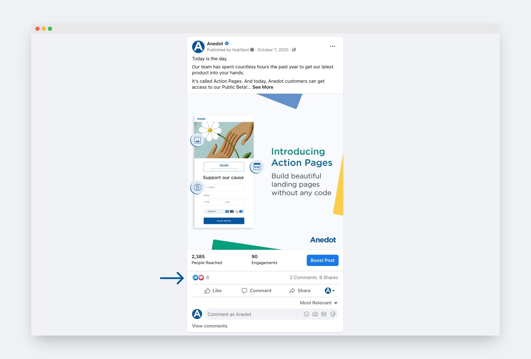 Screenshot of Anedot Facebook post 