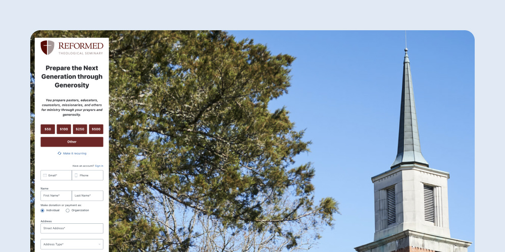 Reformed Theological Seminary donation page for higher education fundraising
