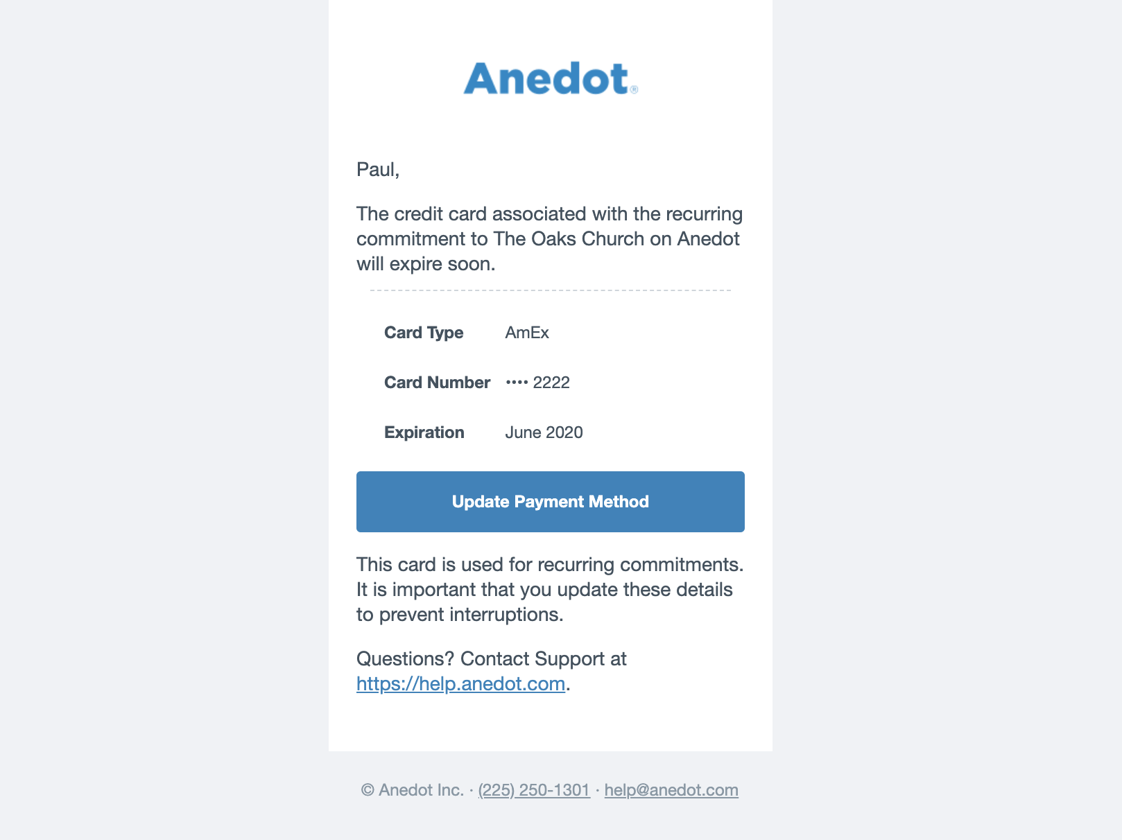 Anedot email - expiring credit card notification